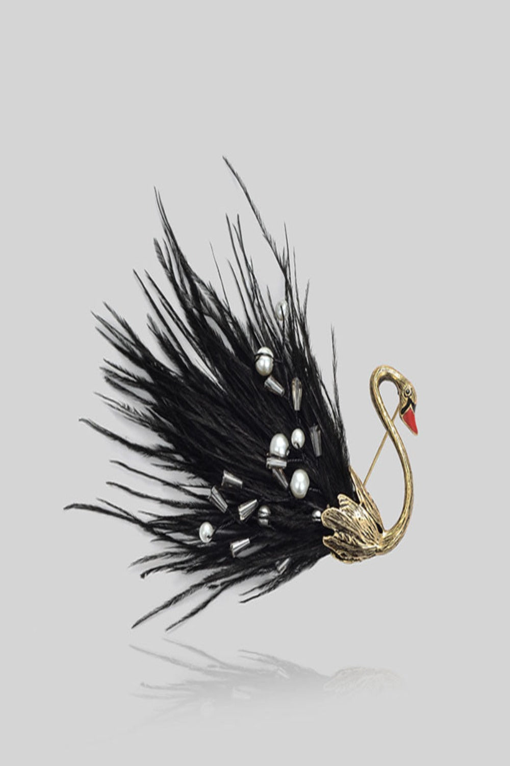 Retro Feather Swan Brooch - Black