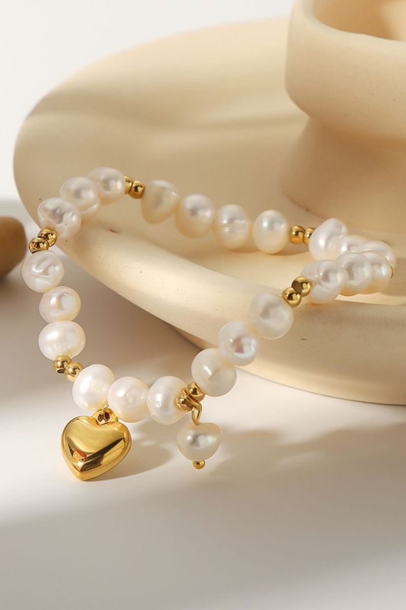 Heart Charm Bracelet with Fresh Water Pearls